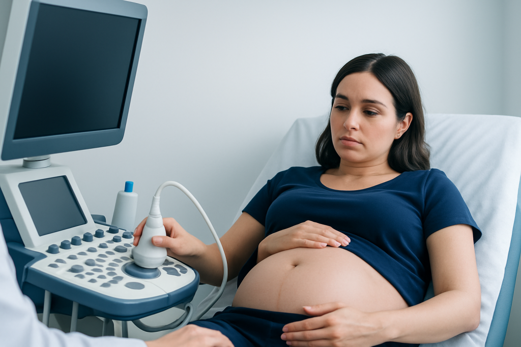 Pregnant woman undergoing ultrasound examination at hospital.