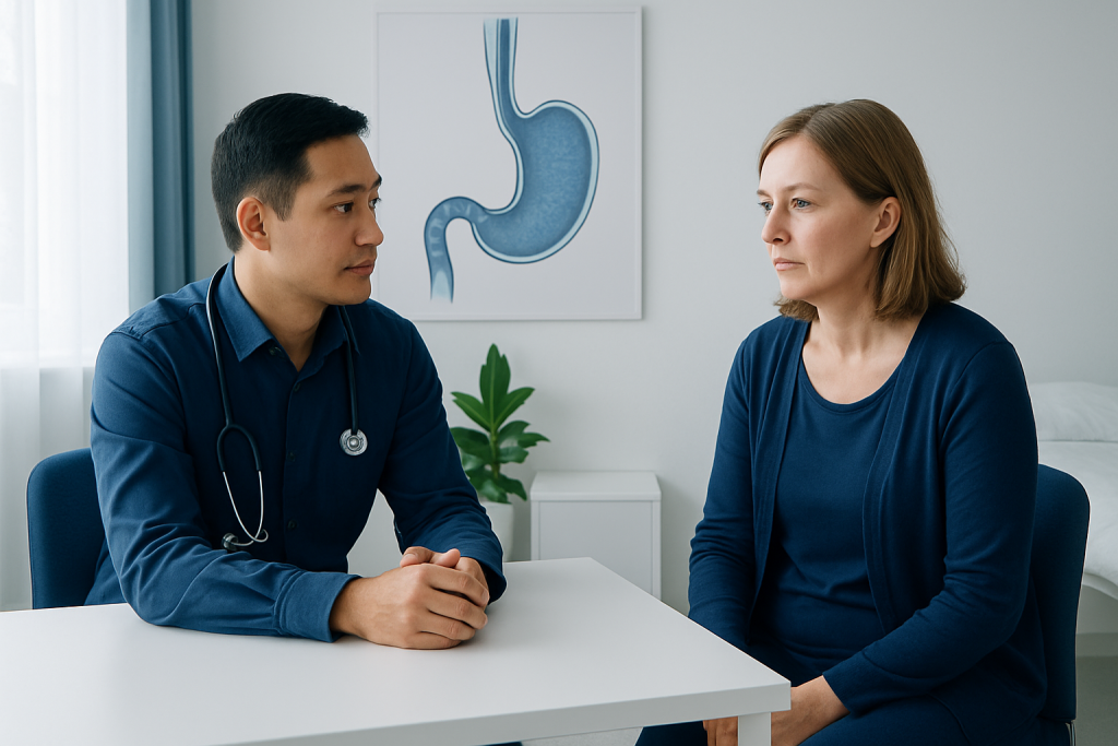 Doctor consulting a patient about achalasia in a medical office.