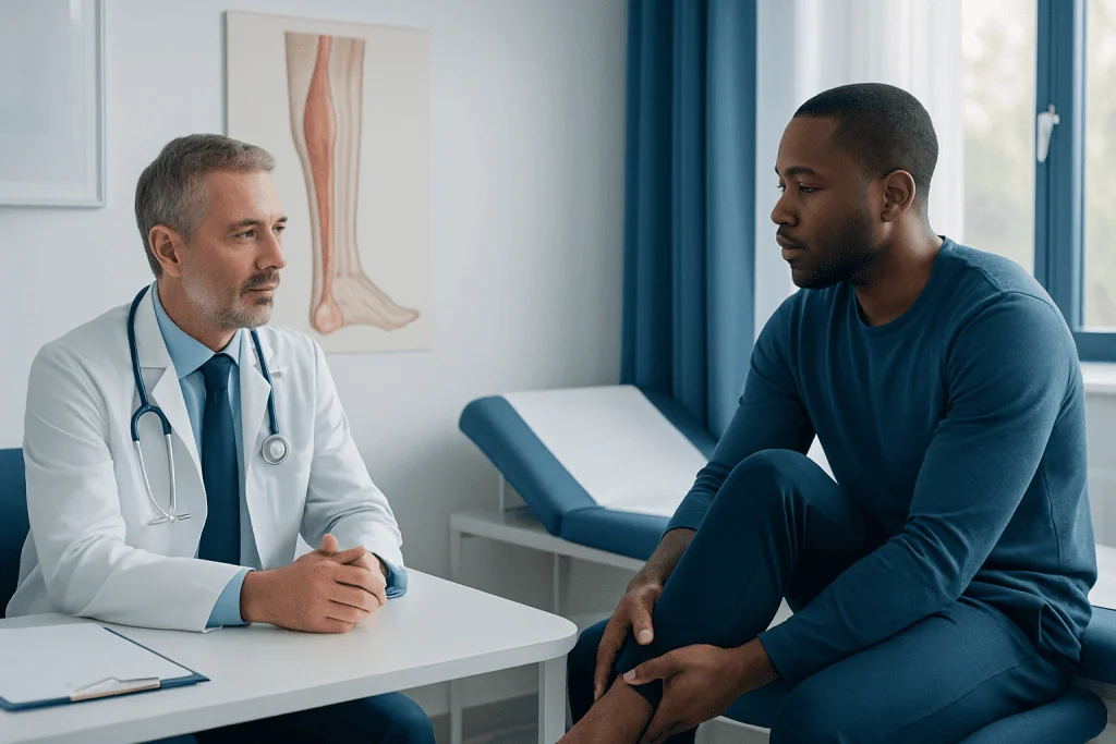 Doctor consulting with patient about Achilles tendon health in clinic.