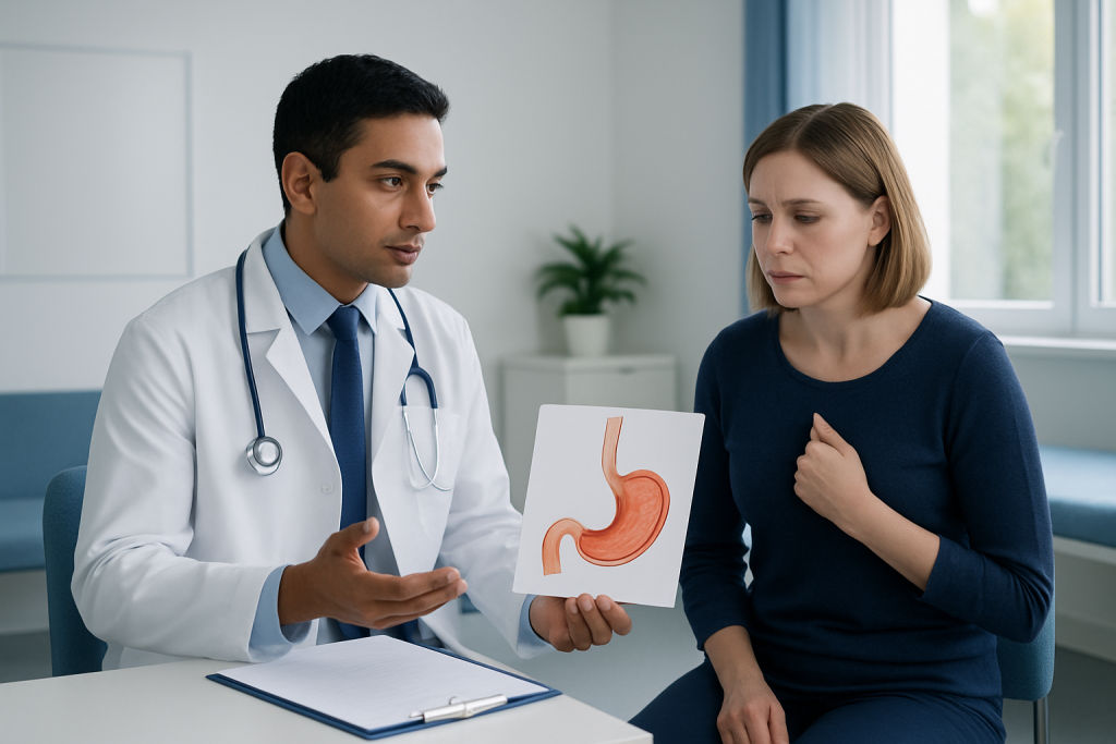 Doctor explaining acid reflux to patient with stomach diagram.