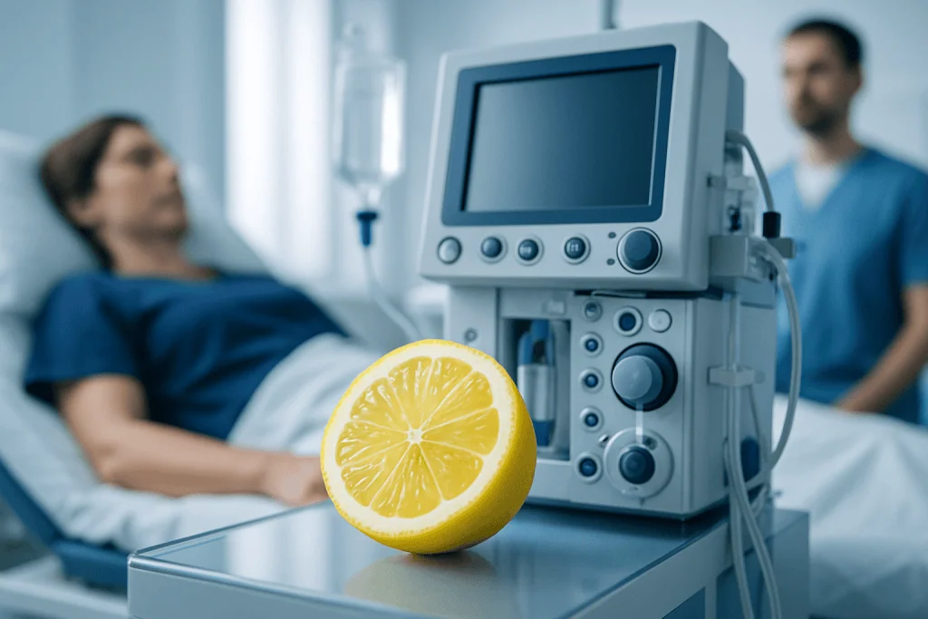 Hospital patient in bed with medical monitor and a lemon on a table.