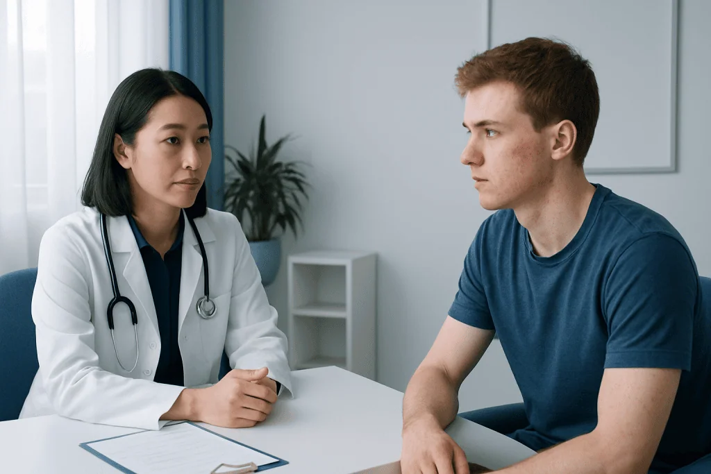 Doctor consulting with a young male patient in a medical office.