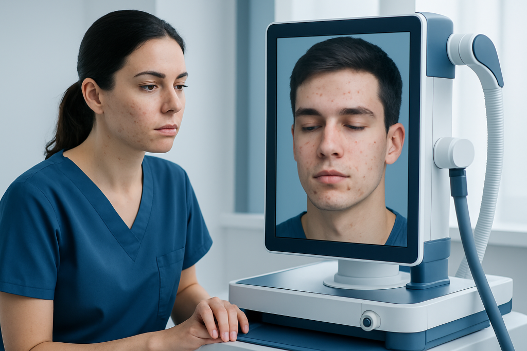 Dermatologist examining a young man's face using a skin analysis device.