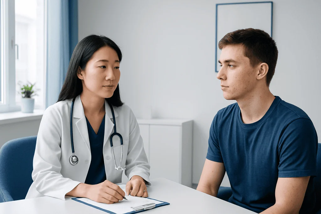 Doctor consulting with a young male patient in a medical office.