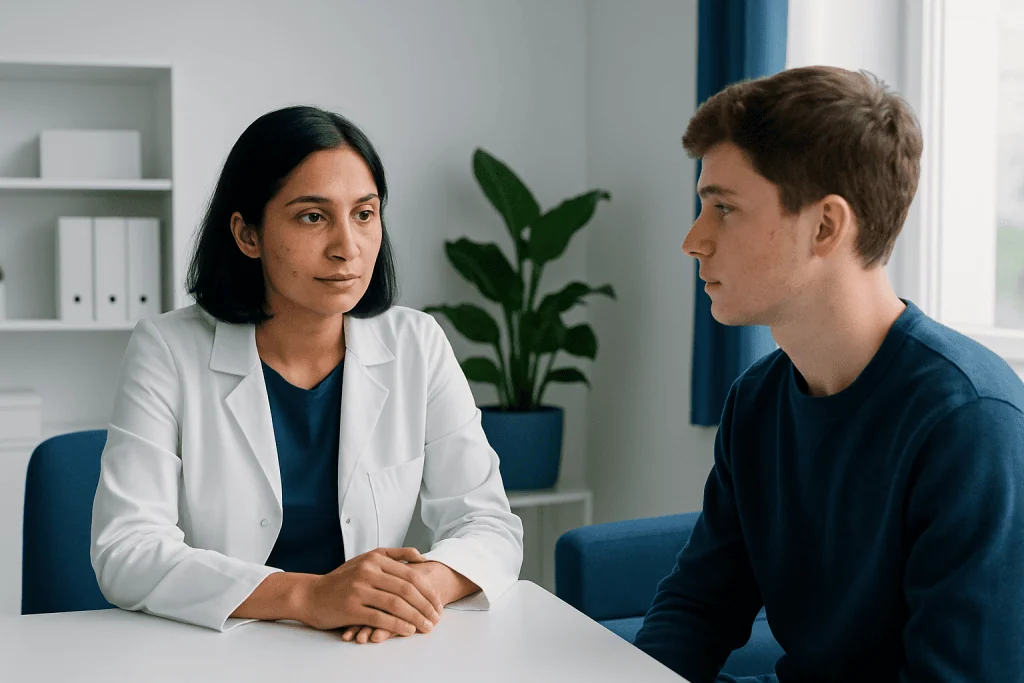 Doctor consulting with a young patient in a modern clinic setting.