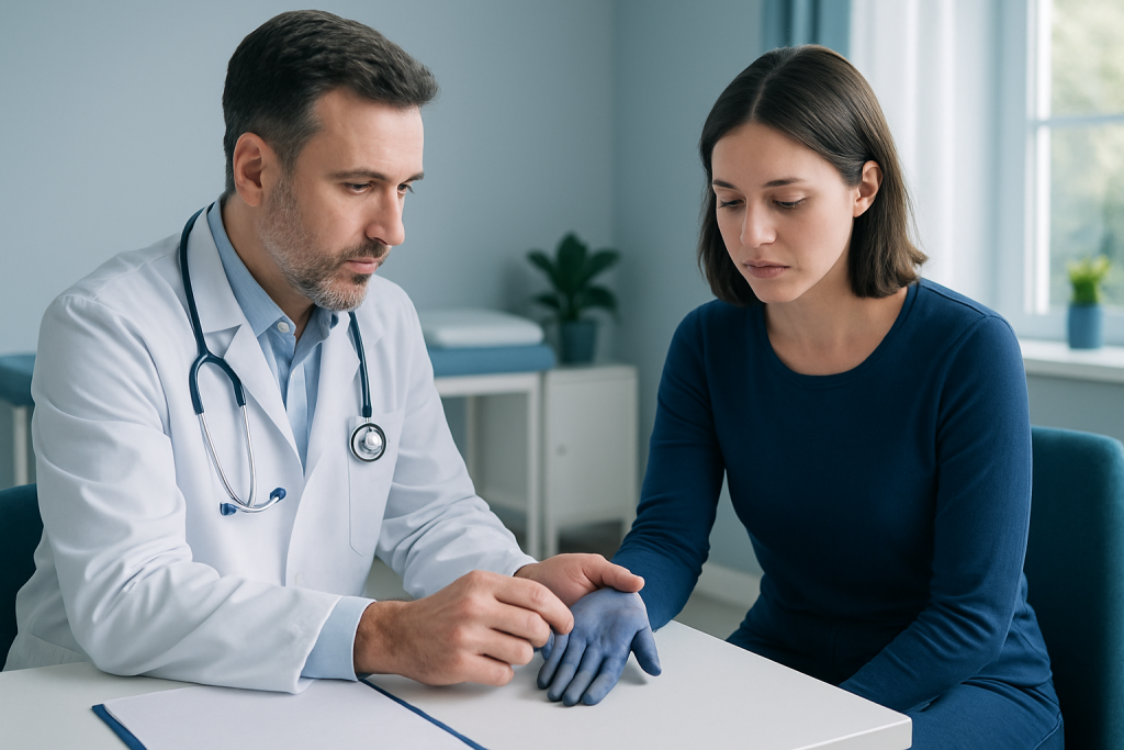 Doctor examining a patient's hand in a medical consultation room.