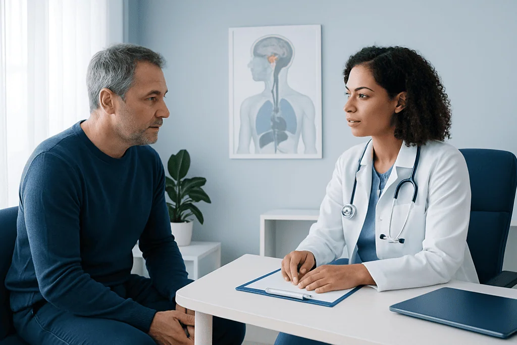 Doctor consulting with a patient in a medical office setting.