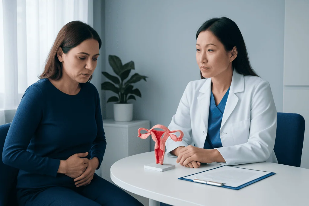 Doctor explaining uterine model to patient in consultation room.