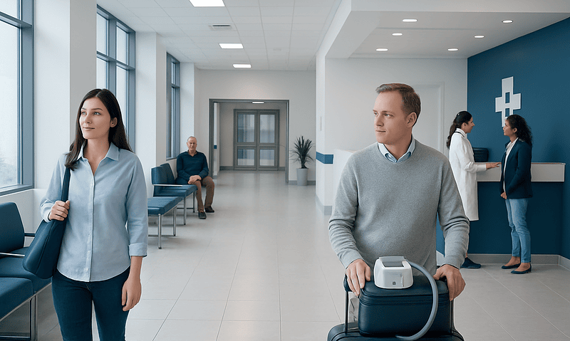 Traveling to Turkey with a CPAP Machine: What Patients Should Arrange Before Flying 1 Patients waiting in a modern hospital lobby with a man holding a CPAP machine.