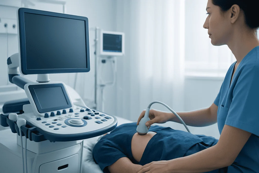 Medical professional performing an ultrasound on a patient in a hospital room.