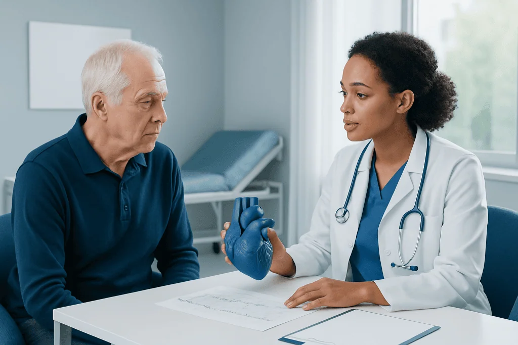 Doctor discussing heart health with elderly patient in clinic.