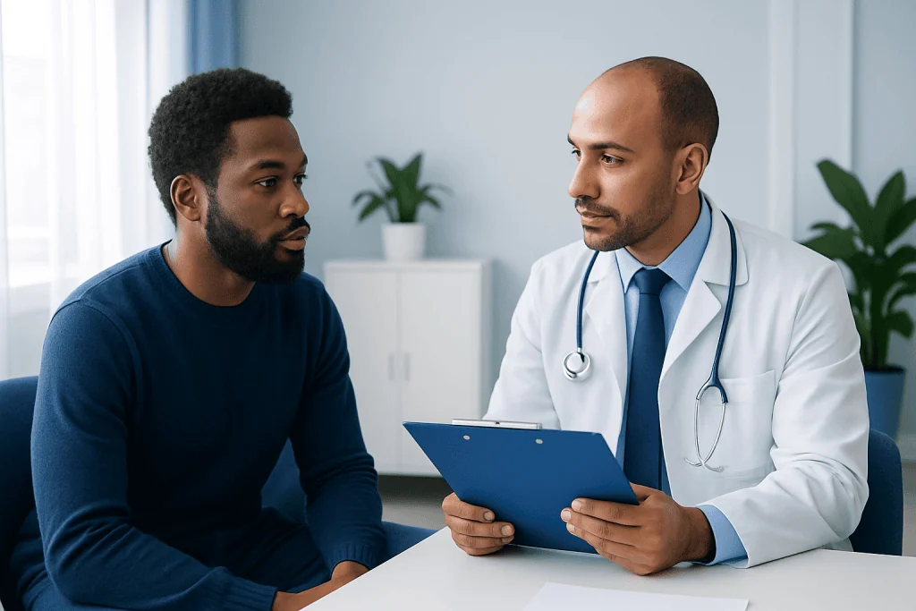 Doctor consulting with a Black male patient in a medical office.