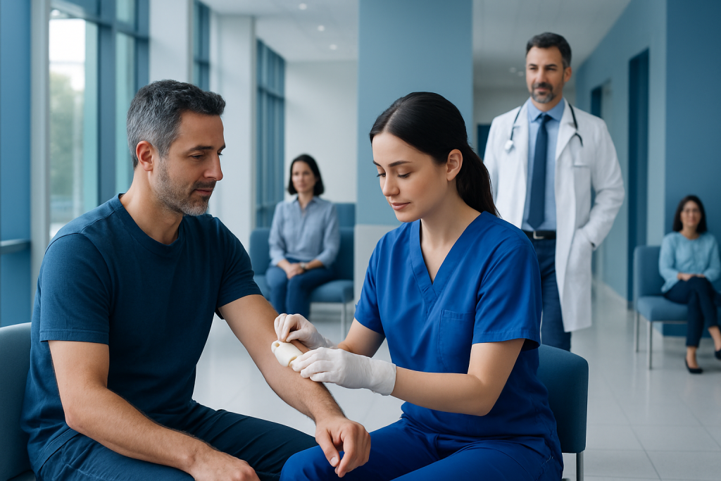 Aftercare Abroad: How to Arrange Wound Checks and Dressing Changes in Turkey 1 Medical professional performs wound check on patient in hospital setting.