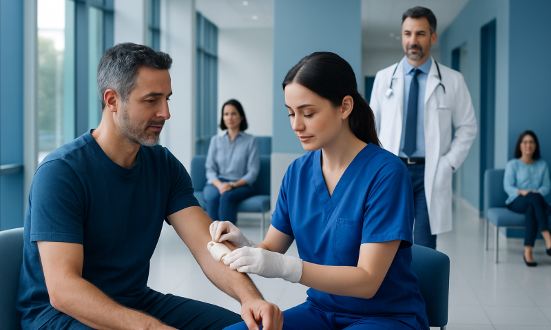 Medical professional performs wound check on patient in hospital setting.