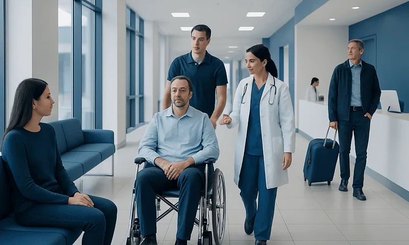 Medical staff assisting a patient in a hospital lobby with travelers in the background.