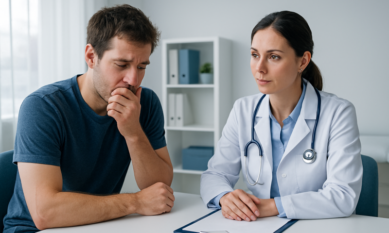 Patient consulting doctor about health concerns in a medical office.