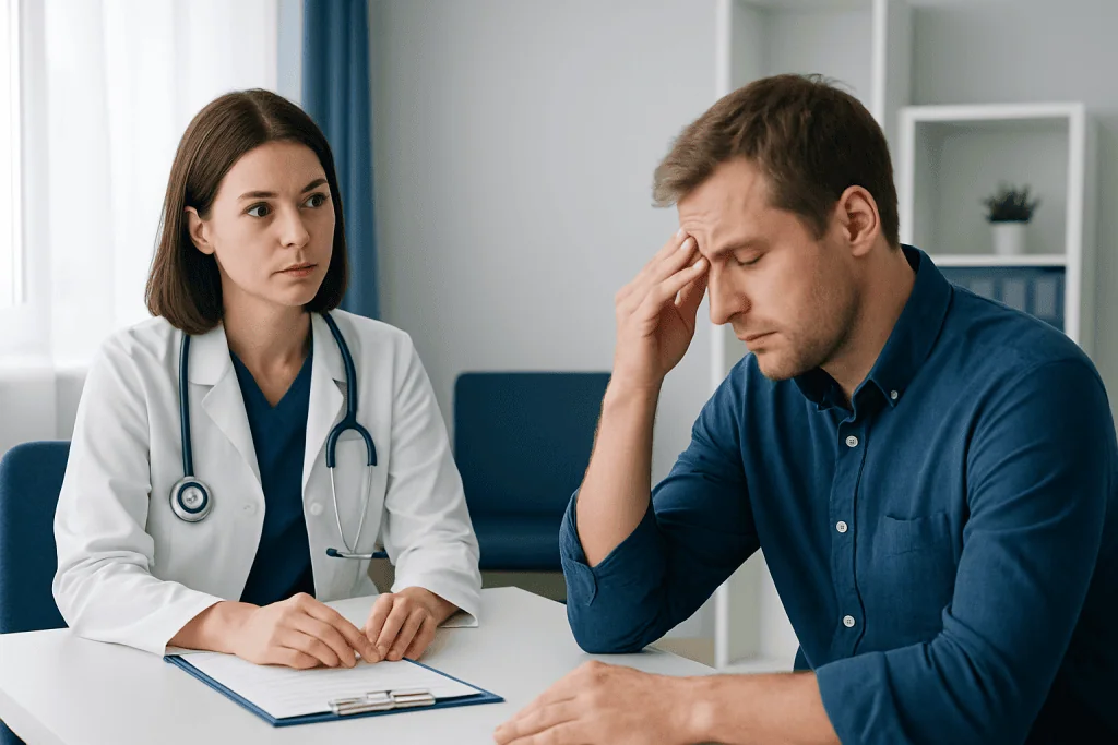 Doctor consulting with a patient experiencing headache or stress.