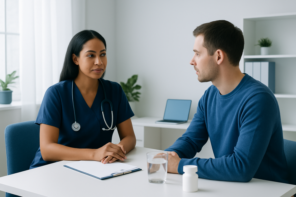 Doctor consulting with a patient in a medical office setting.