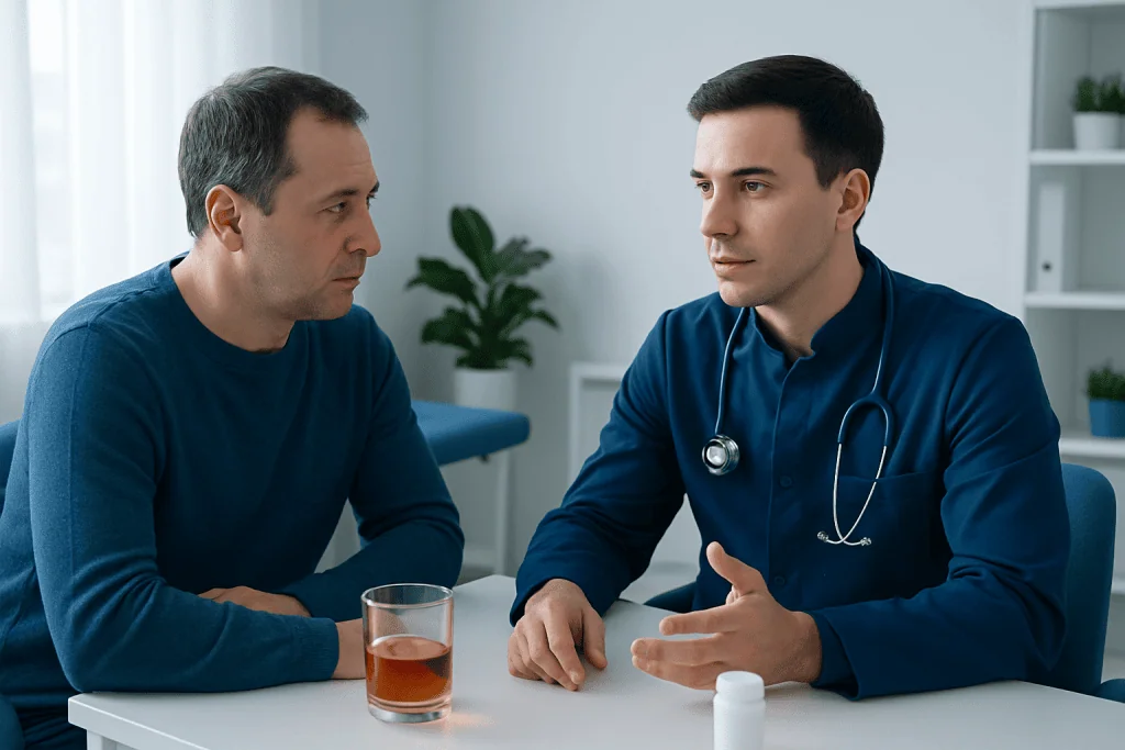 Doctor consulting with patient about medication and alcohol effects.