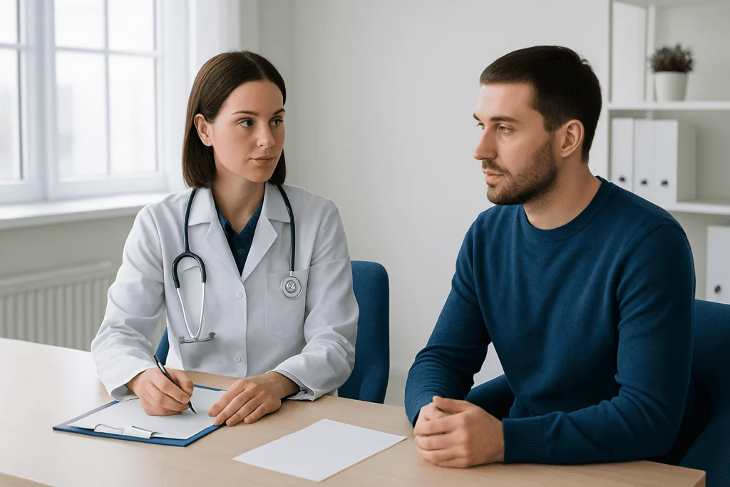Doctor consulting with a male patient in a medical office.