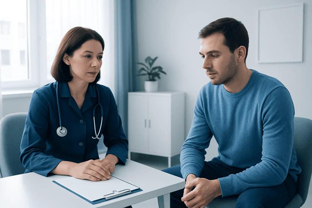 Doctor consulting with a patient in a medical office setting.