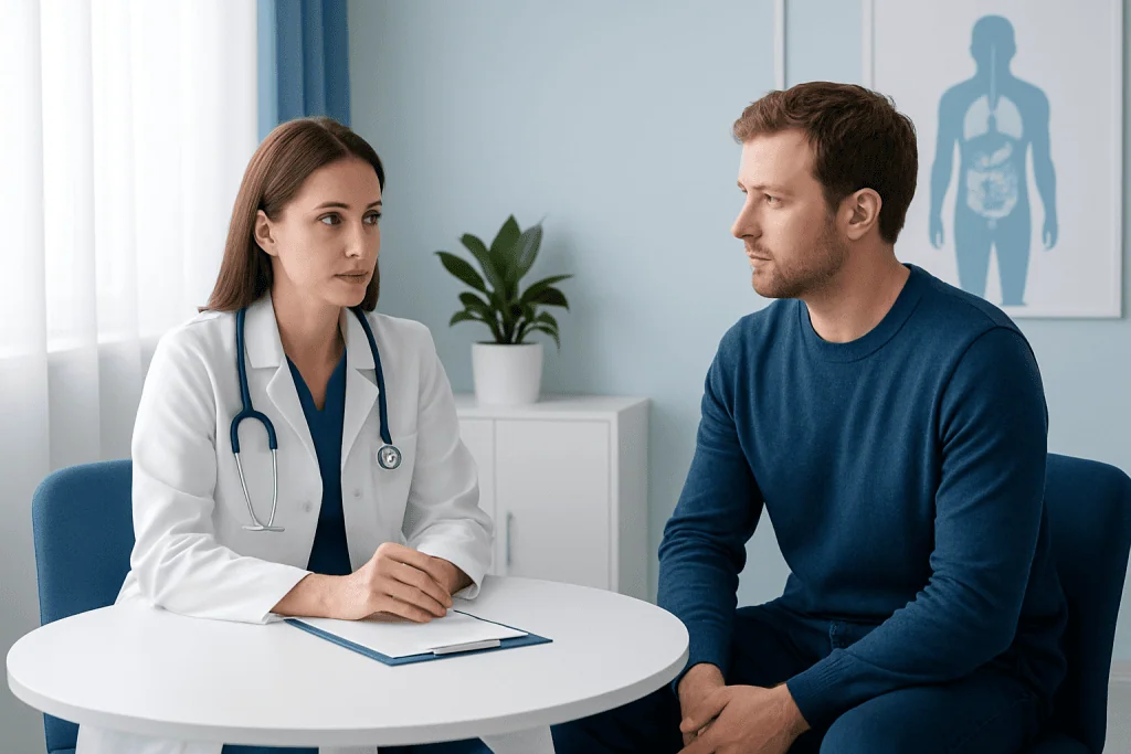Doctor consulting patient about allergies in a medical office.