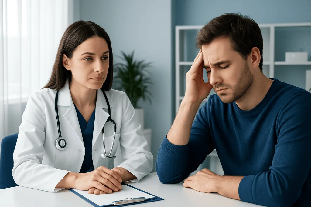 Doctor consulting with a patient experiencing dizziness or headache symptoms.