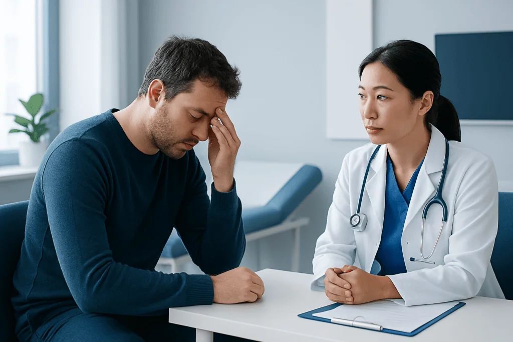 Patient experiencing headache consulting with doctor in clinic.