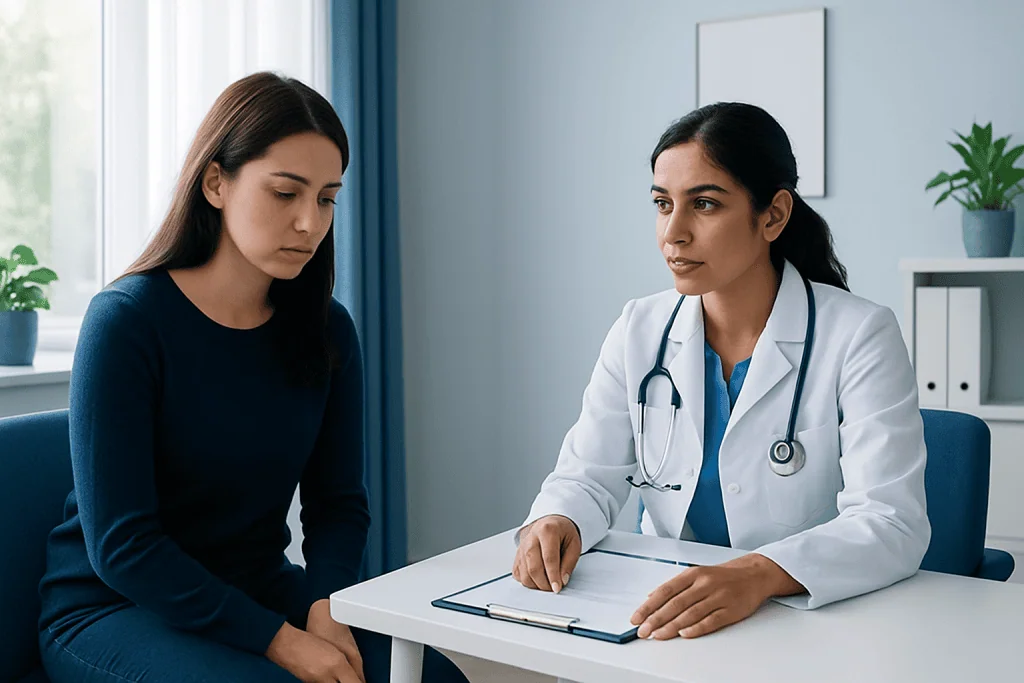 Doctor consulting with a young woman in a medical office setting.