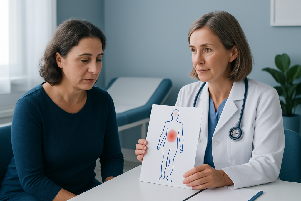 Doctor explaining symptoms of leukemia to a patient with a diagram.