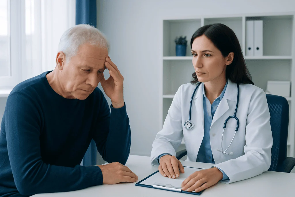 Doctor consulting with an elderly patient about memory issues in a clinic.