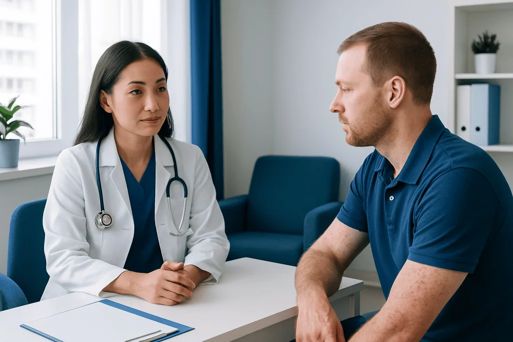 Doctor consulting with male patient in a medical office setting.