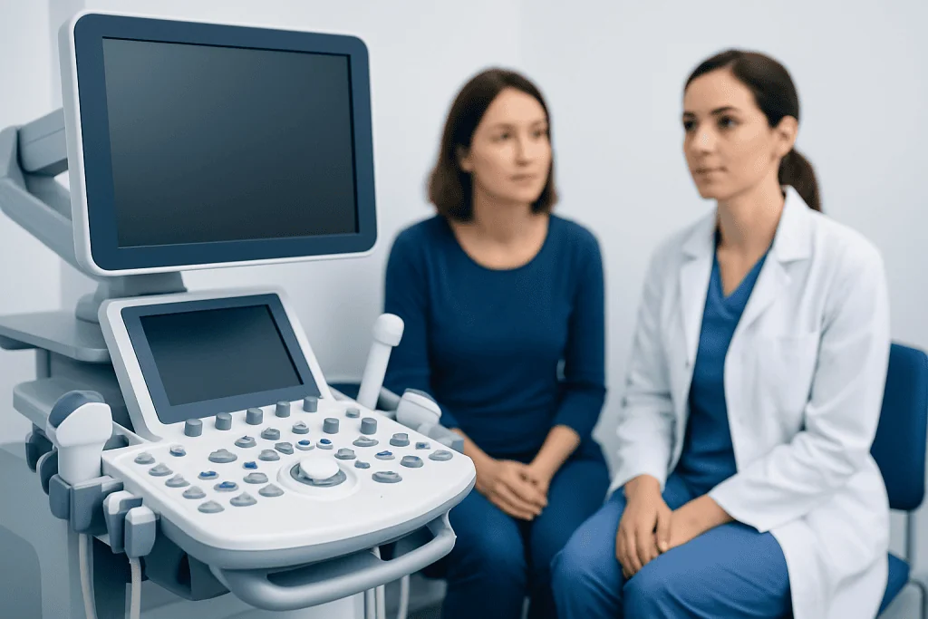 Doctor and patient during a medical consultation with ultrasound equipment.