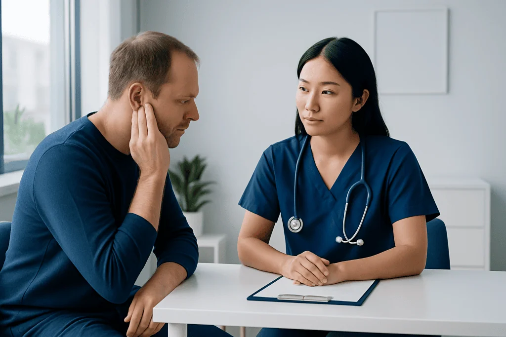Doctor consulting with a patient about ear abscess symptoms and treatment options.