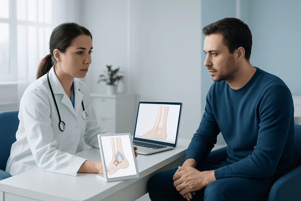 Doctor explaining ankle bursitis to patient with medical diagrams.