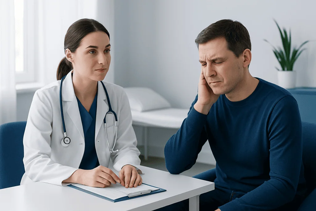 Doctor consulting patient with ear pain in a clinical setting.