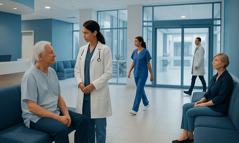 Hospital staff consulting with elderly patient in modern medical facility.