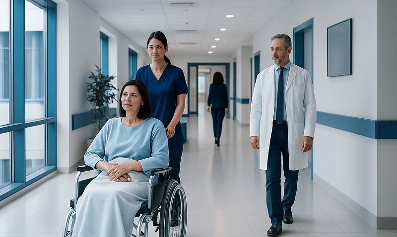 Patient in wheelchair with medical staff in hospital corridor.