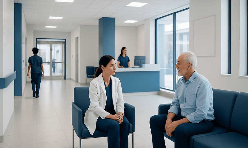 Doctor consulting with an elderly patient in a modern hospital lobby.