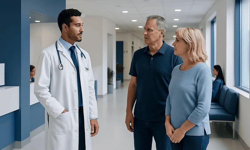 Doctor consulting with a couple in a modern hospital corridor.