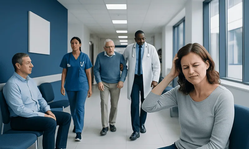 Why Is My Head So Itchy at Night? A Doctor-Reviewed Answer 14 Woman with headache in hospital corridor with medical staff nearby.