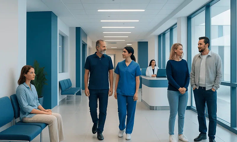 Hospital corridor with medical staff and patients engaging in conversation.