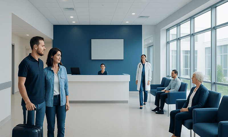 Patients and staff in a modern hospital reception area with large windows.