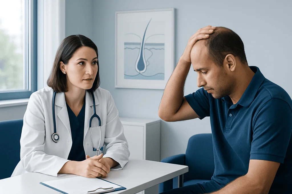 Doctor consulting with male patient about hair health and follicle issues.