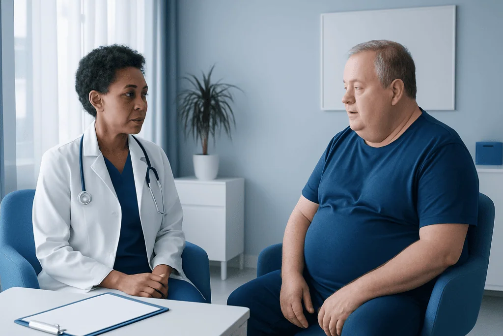Doctor consulting with male patient in a hospital room.