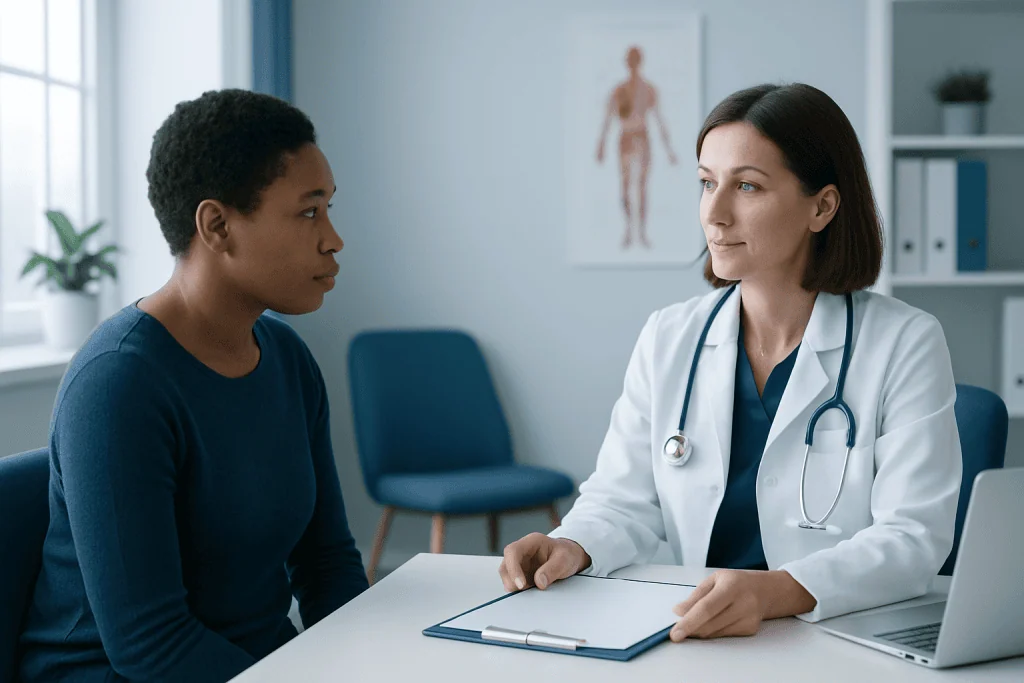 Doctor consulting with a patient in a medical office setting.
