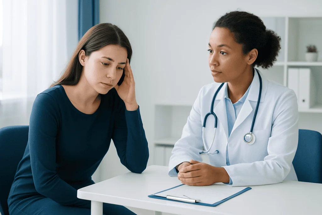 Doctor consulting with a patient about health concerns in a medical office.