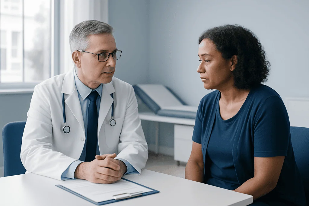 Doctor consulting with a female patient in a medical office.
