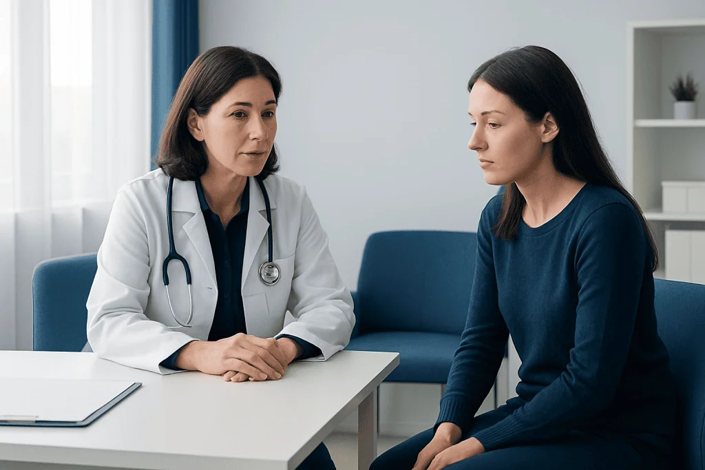 Doctor consulting with a patient about anemia symptoms in a clinic setting.