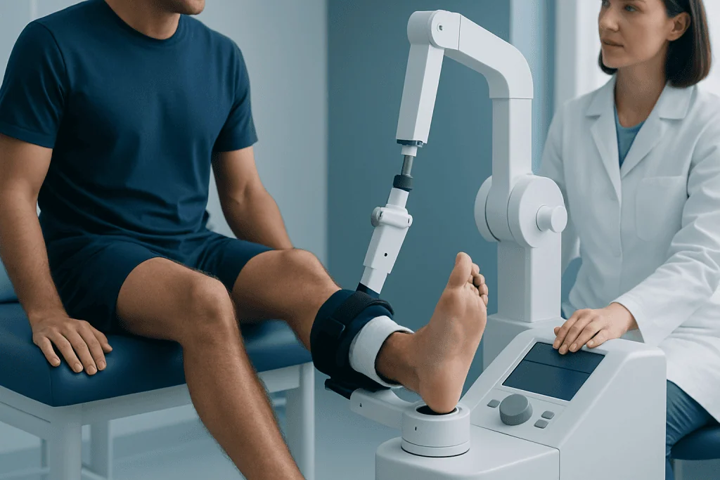 Patient undergoing ankle mobility assessment with robotic device at Acibadem Hospital.
